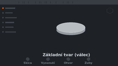 Animace modelování náhradního dílu v CADu – od válce přes otvor a zuby po hotový díl