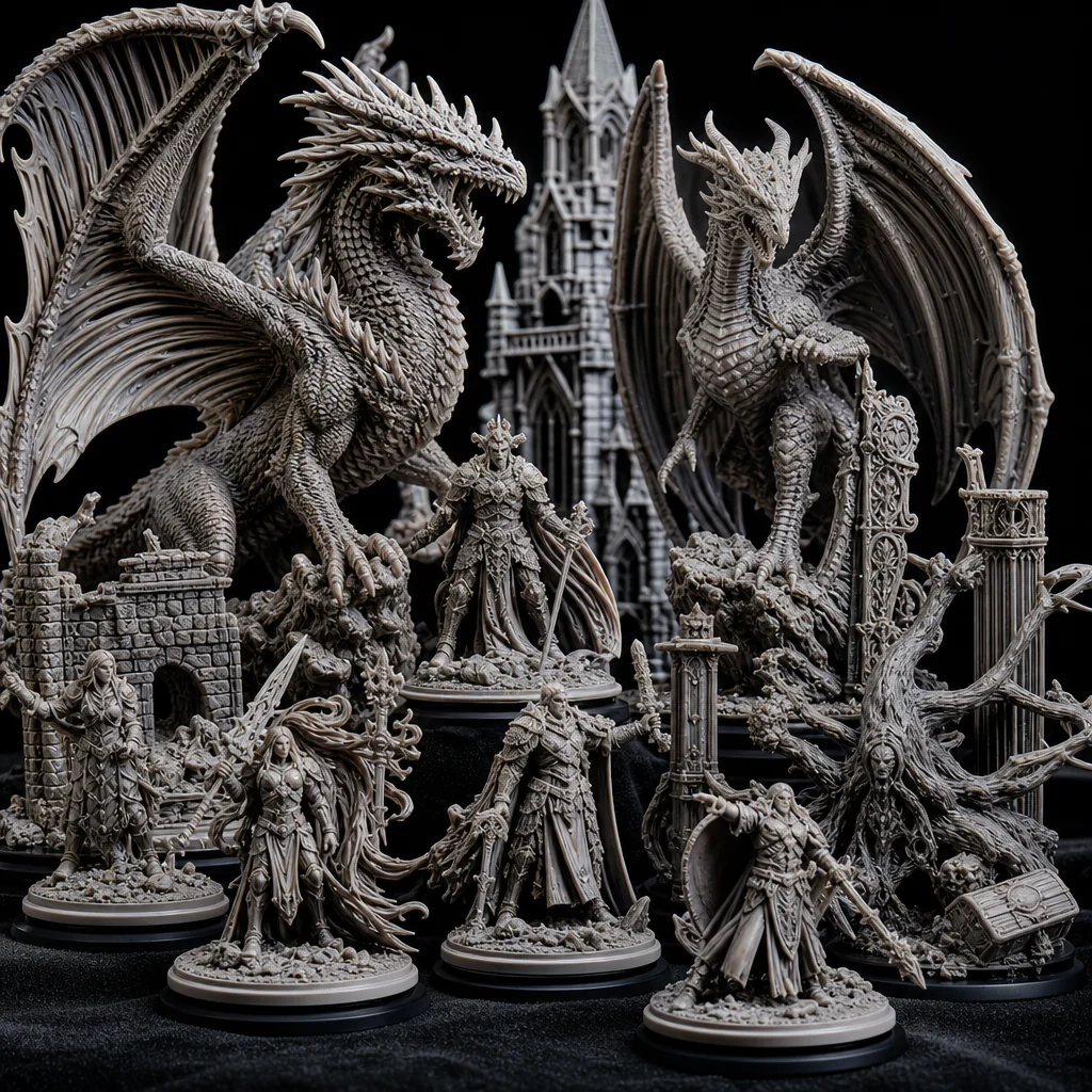 Detailní fantasy miniatury vytištěné na resinové 3D tiskárně