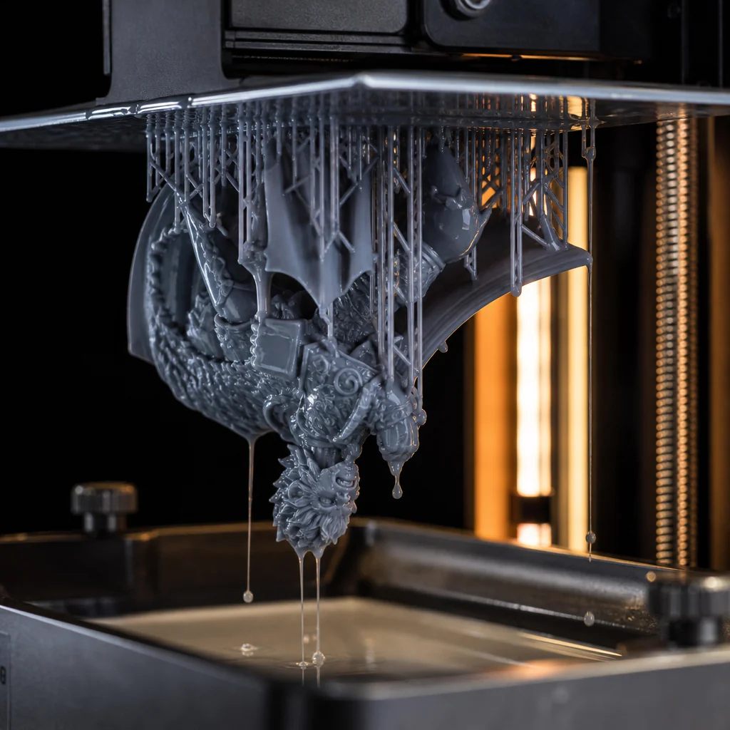 Výtisk zavěšený na tiskové platformě resinové 3D tiskárny