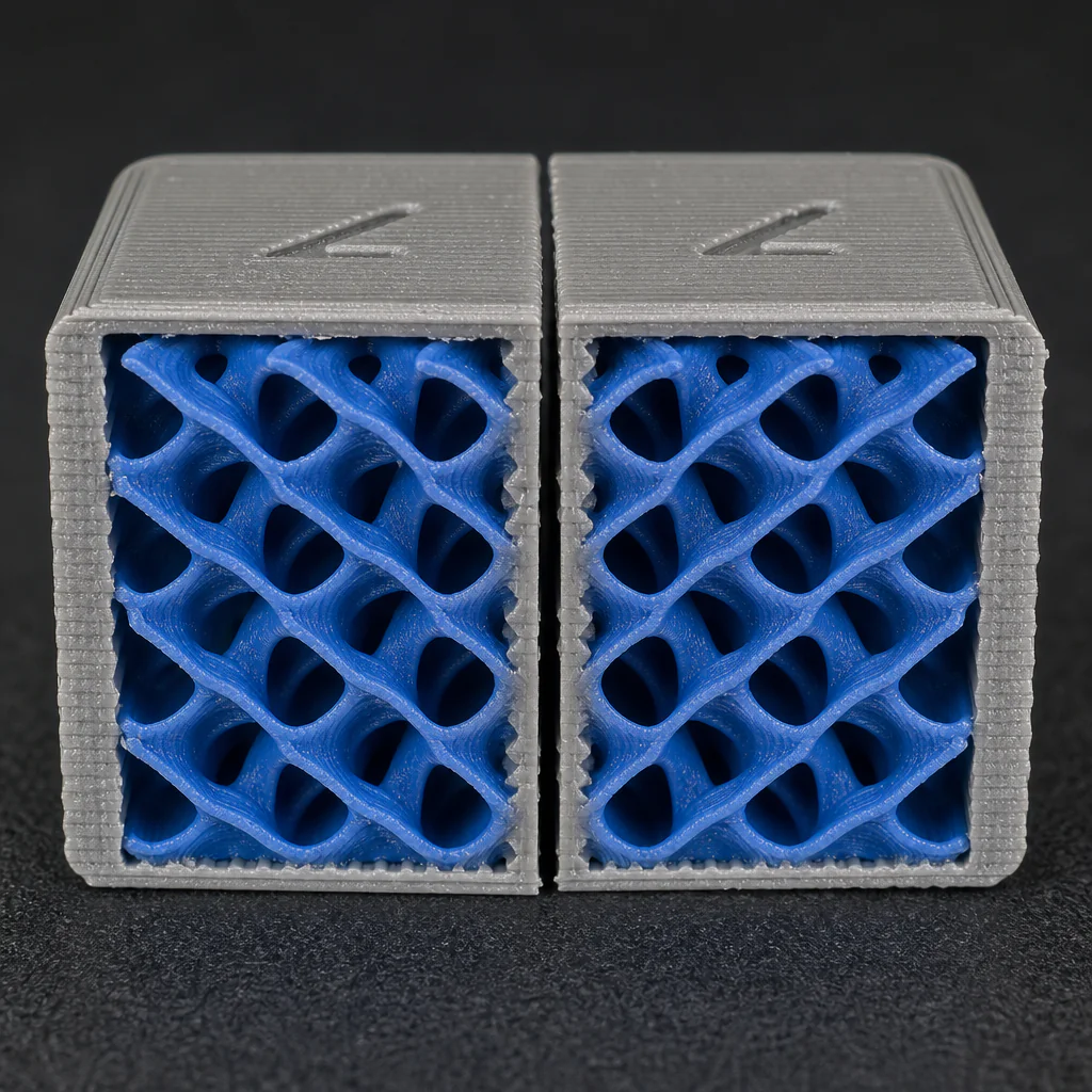 Řez 3D výtiskem s viditelnou gyroid výplní a perimetry