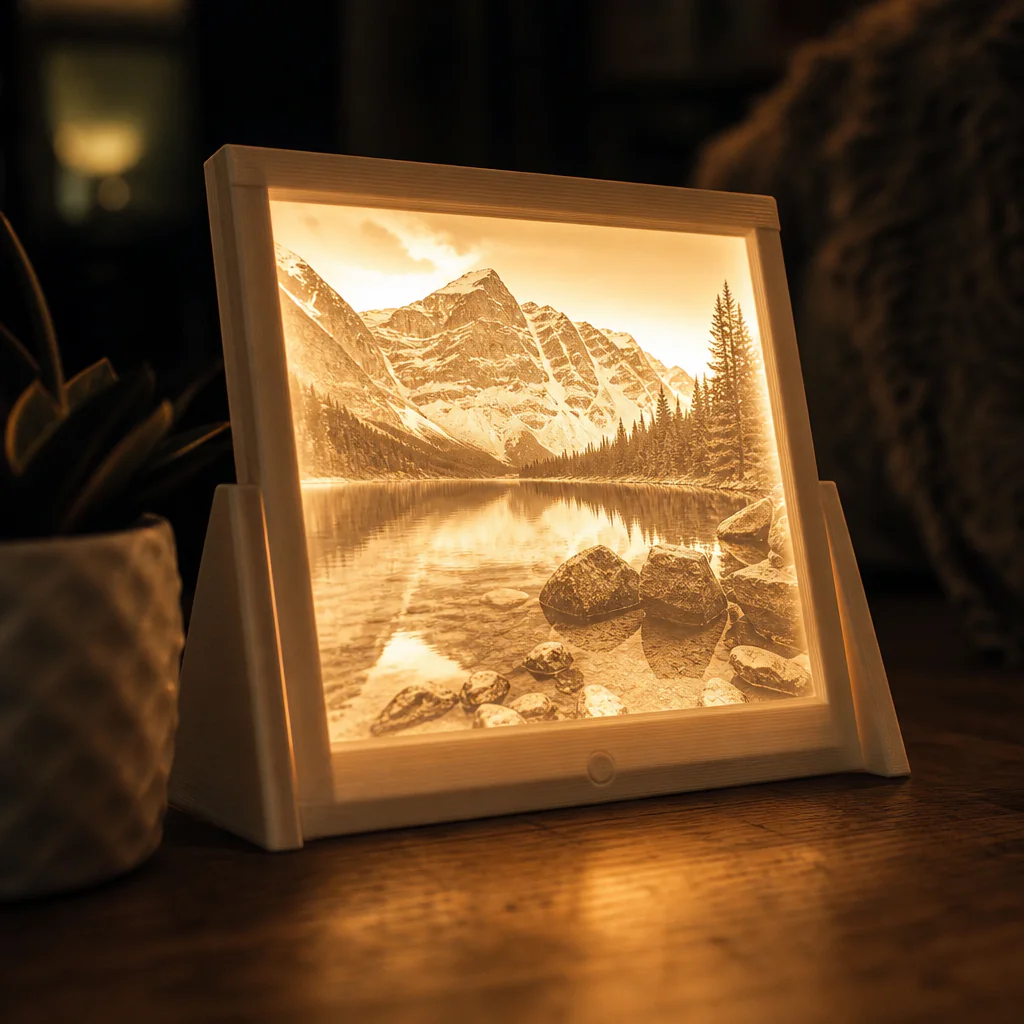 Prosvícená 3D litofanie zobrazující fotografii, nasvícená teplým LED světlem