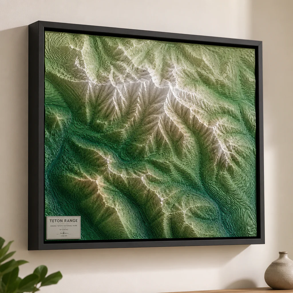 3D vytištěná topografická mapa hor s vrstevnicovým reliéfem a barevným přechodem