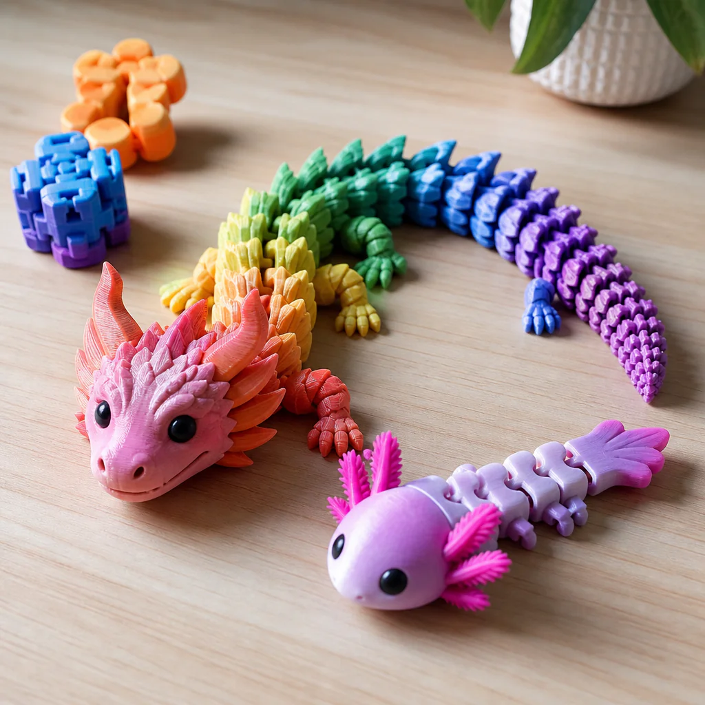 Barevné kloubové 3D hračky – flexi drak, axolotl a fidgety na dřevěném stole