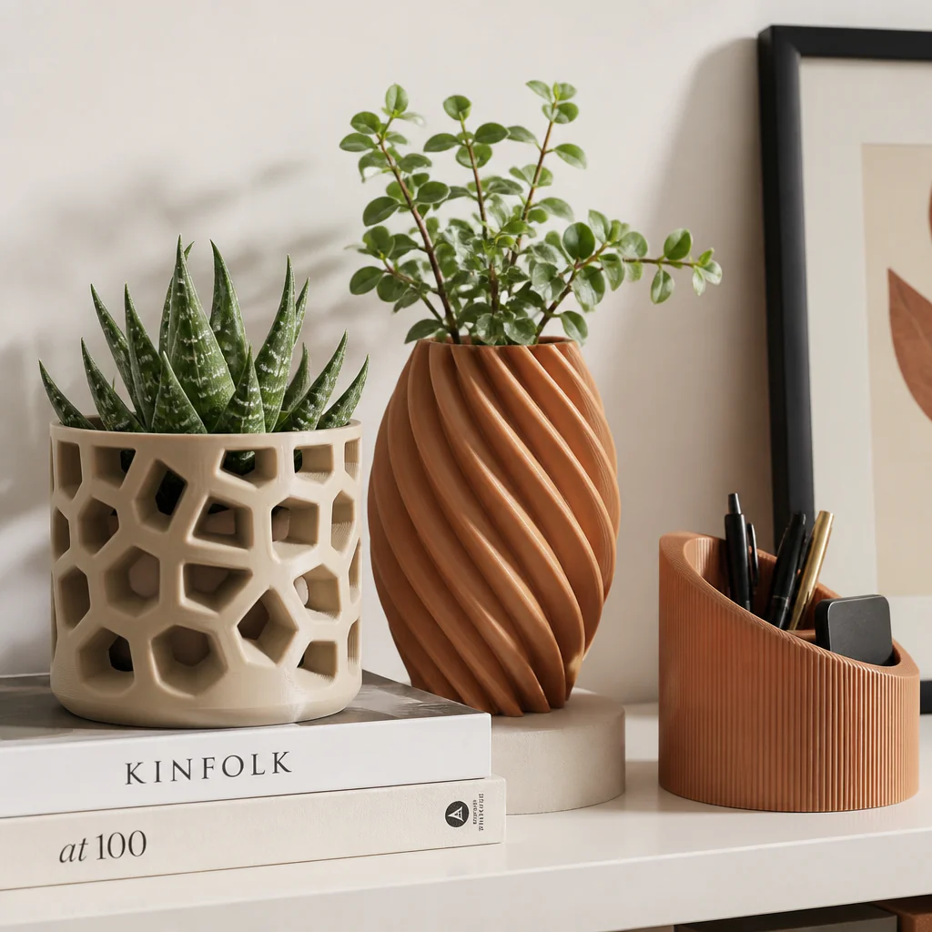 3D vytištěné designové květináče s voronoi vzorem a stolní organizér se sukulenty