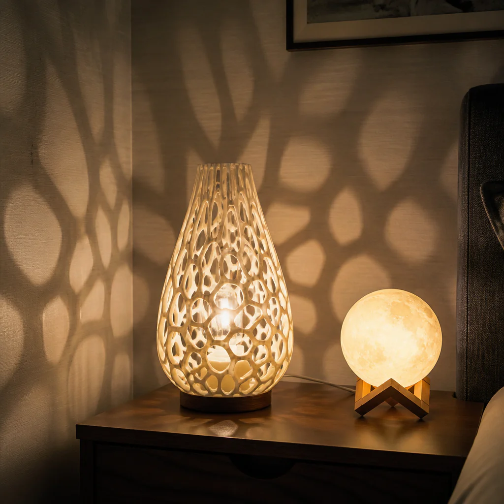 3D vytištěná parametrická lampa vrhající světelné vzory na zeď v tlumené místnosti