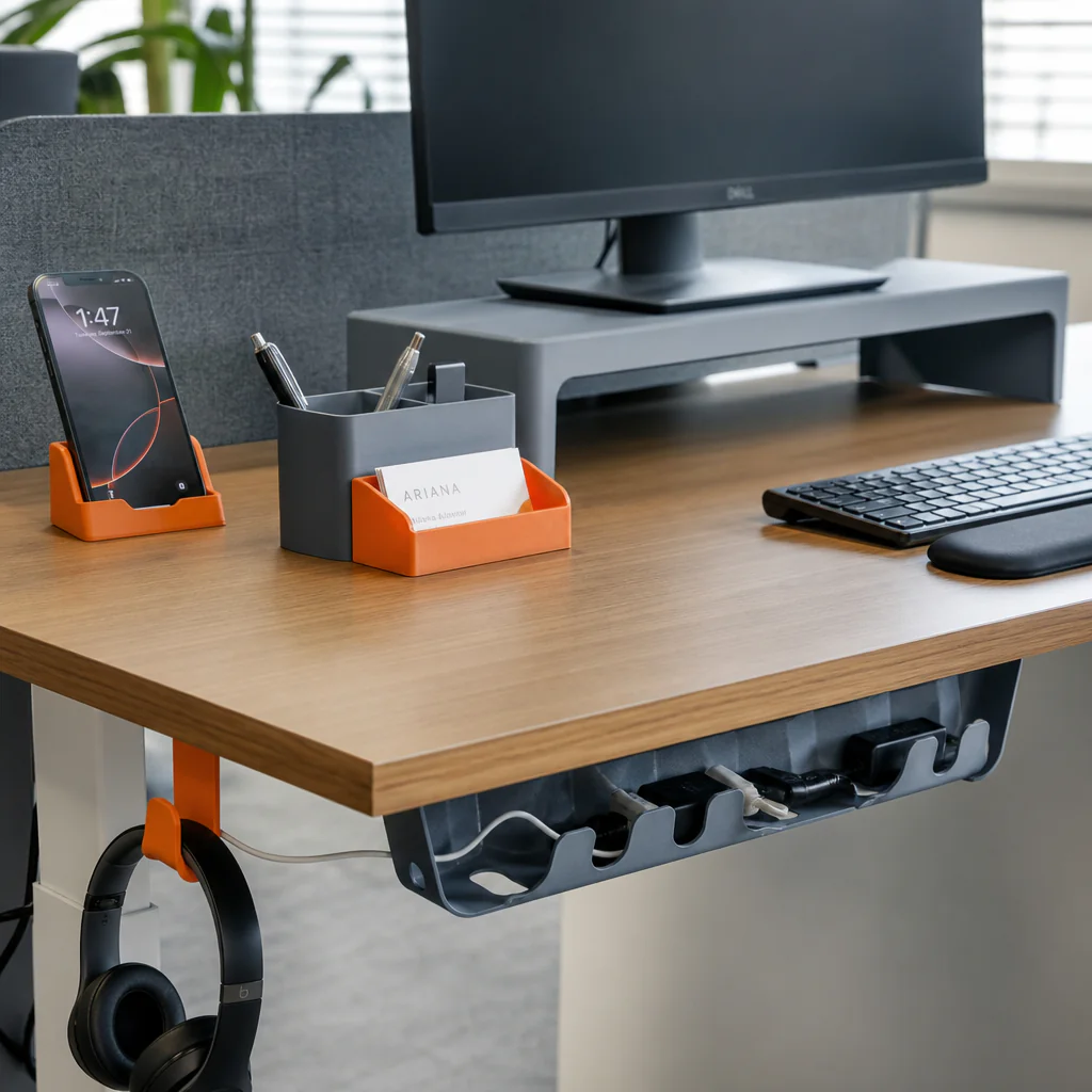 3D vytištěné kancelářské pomůcky – organizér kabelů, stojan na monitor a telefon, držák dokumentů
