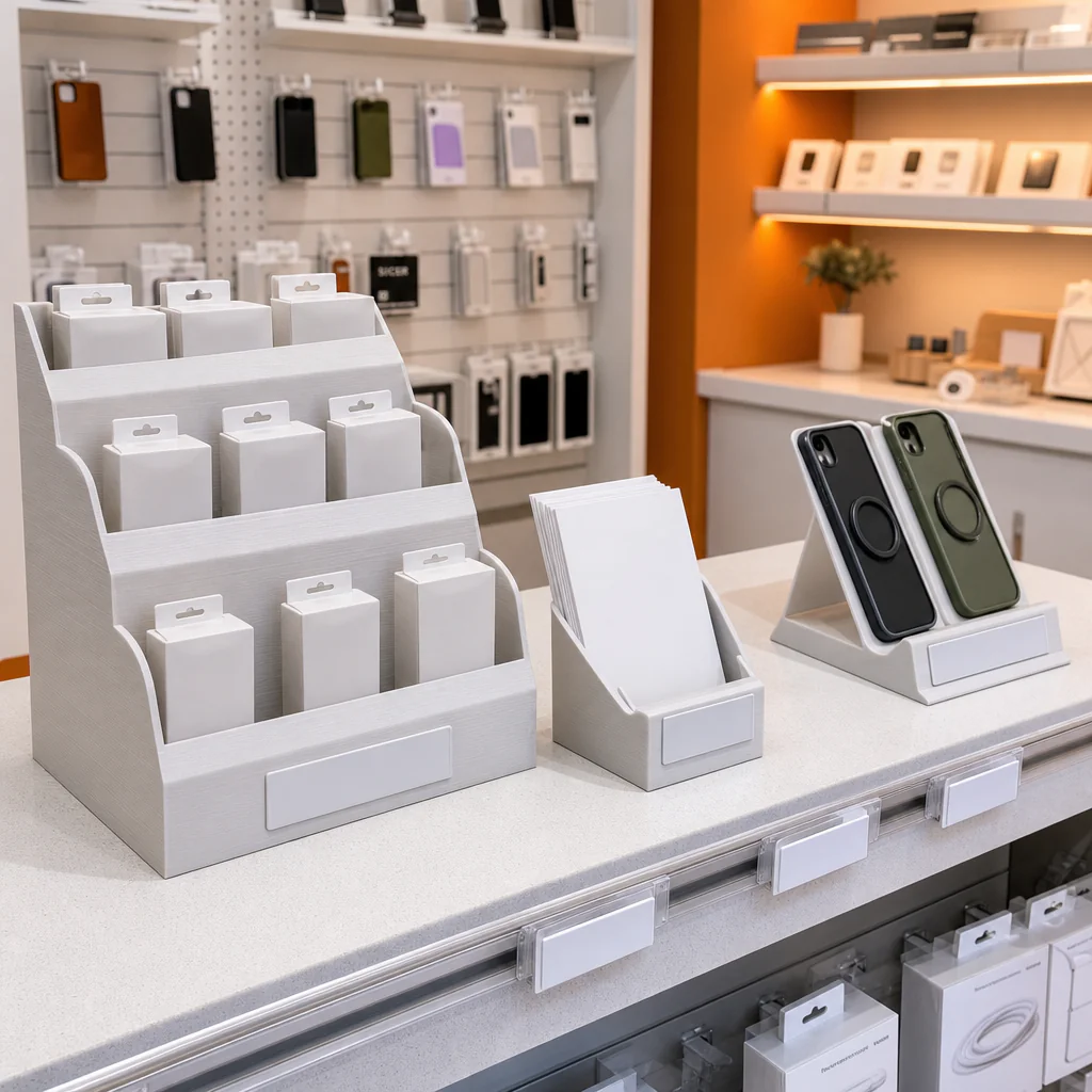 3D vytištěné vybavení prodejny – stojan na produkty, držáky cenovek a letáků na pultě