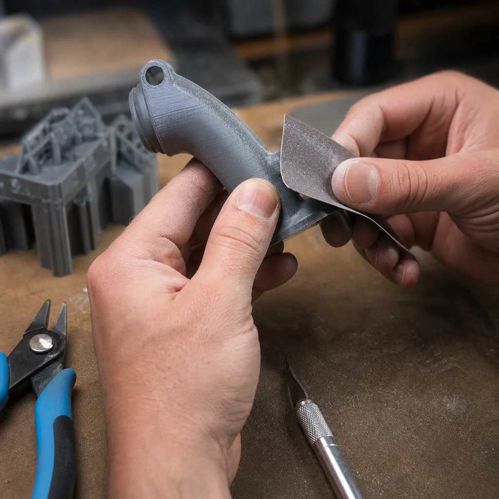 Broušení a začišťování 3D výtisku brusným papírem, odstraňování podpor