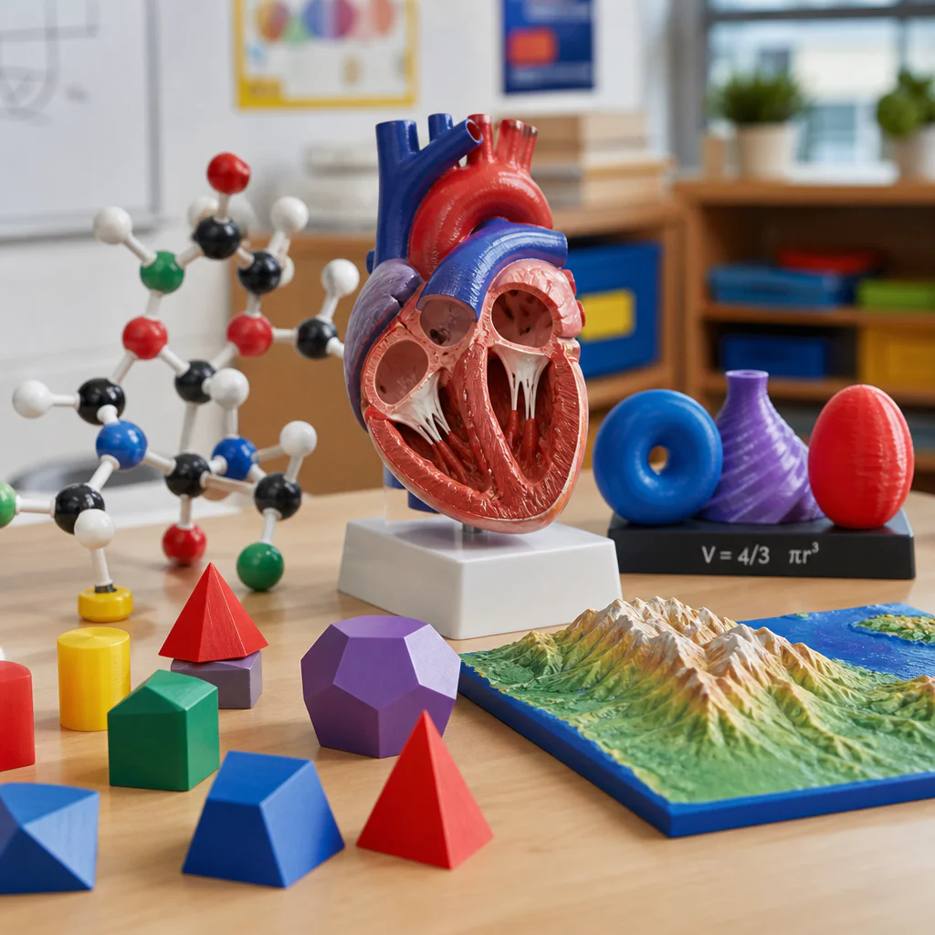 3D vytištěné výukové pomůcky – model molekuly, geometrická tělesa, mapa a anatomický model
