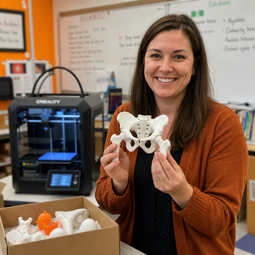 Učitel drží 3D vytištěnou pomůcku, v pozadí tiskárna – spolupráce školy a 3D tiskaře