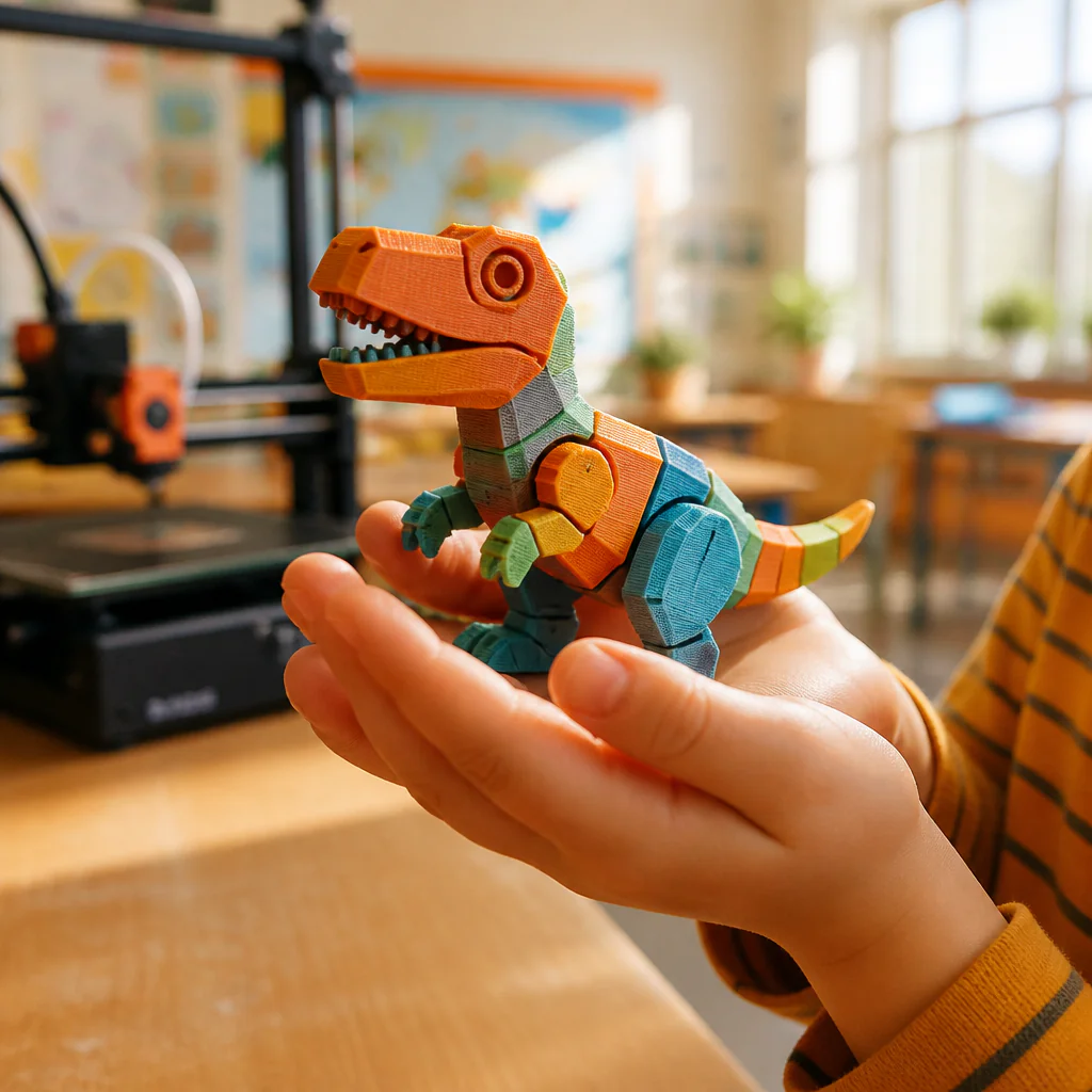 Dětské ruce drží čerstvě vytištěný barevný 3D model, v pozadí rozostřená 3D tiskárna ve třídě