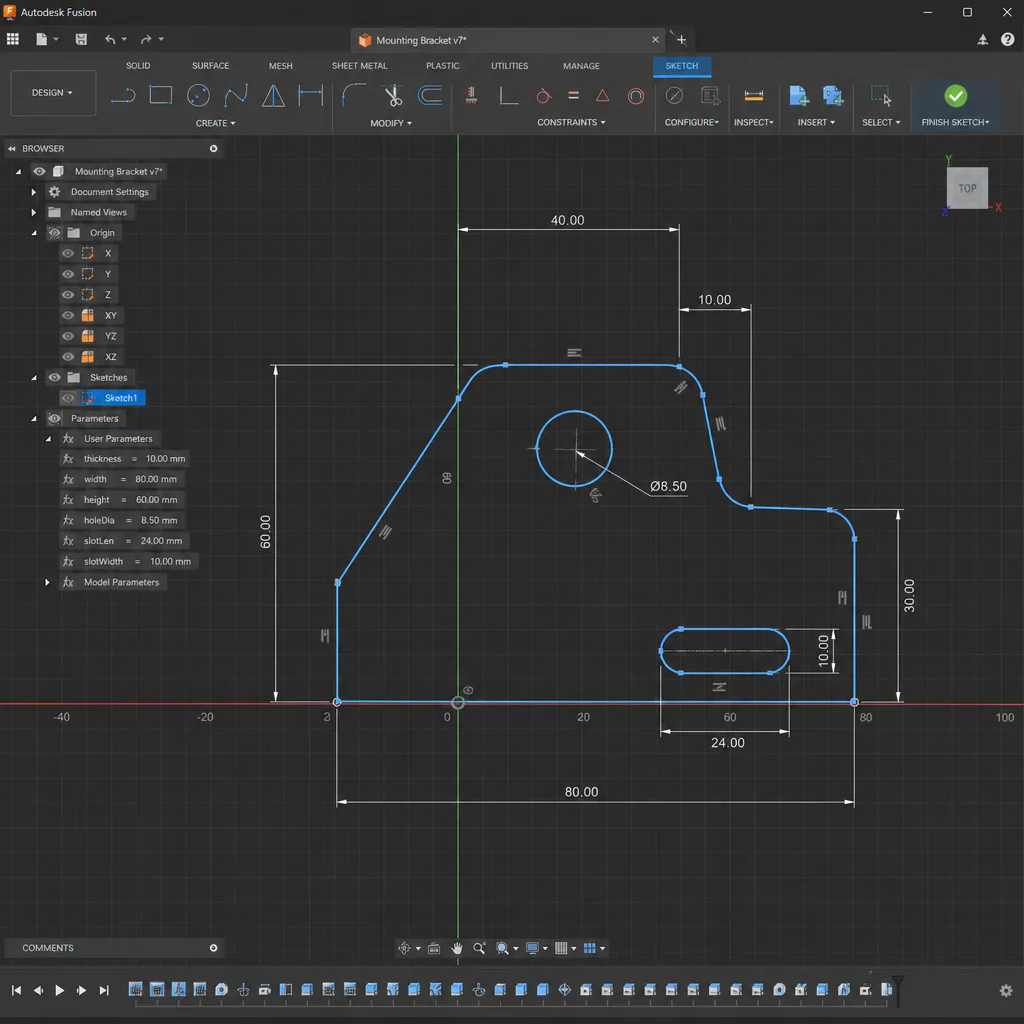 CAD software v tmavém rozhraní – 2D skica mechanického dílu s kótami a vazbami