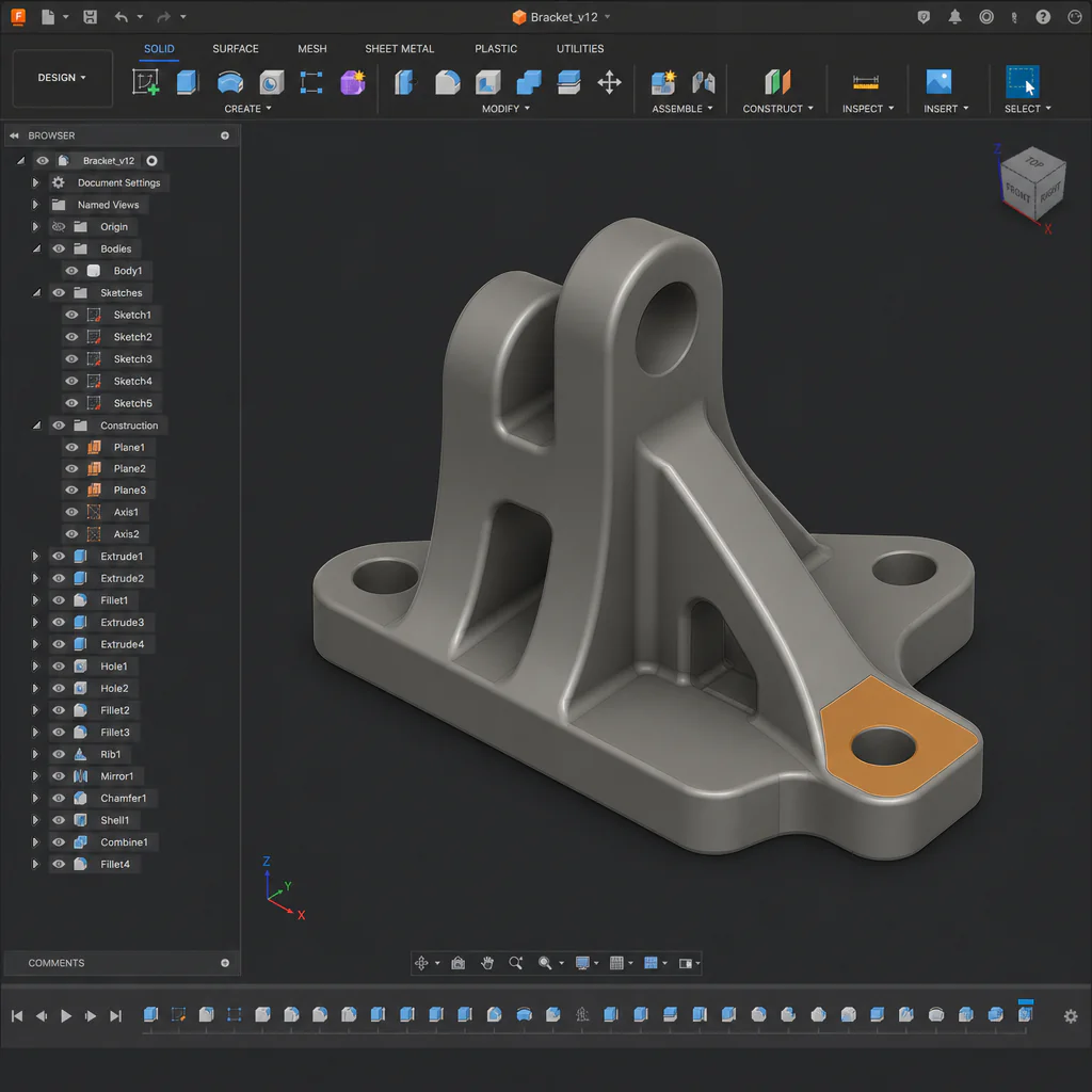 CAD software v tmavém rozhraní – hotový 3D model plastového dílu ve viewportu s časovou osou