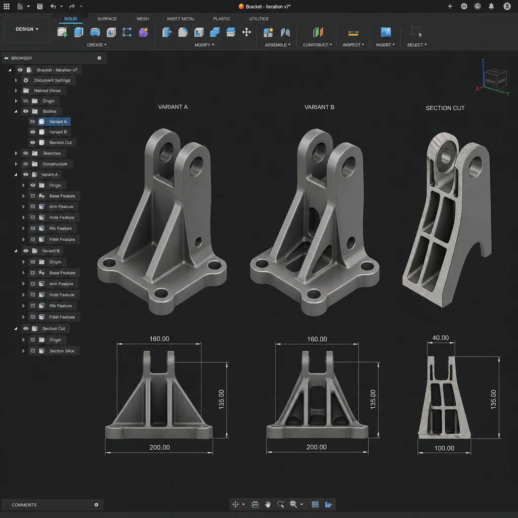 CAD software v tmavém rozhraní – varianty tvaru dílu a řez modelem s kótami vedle sebe