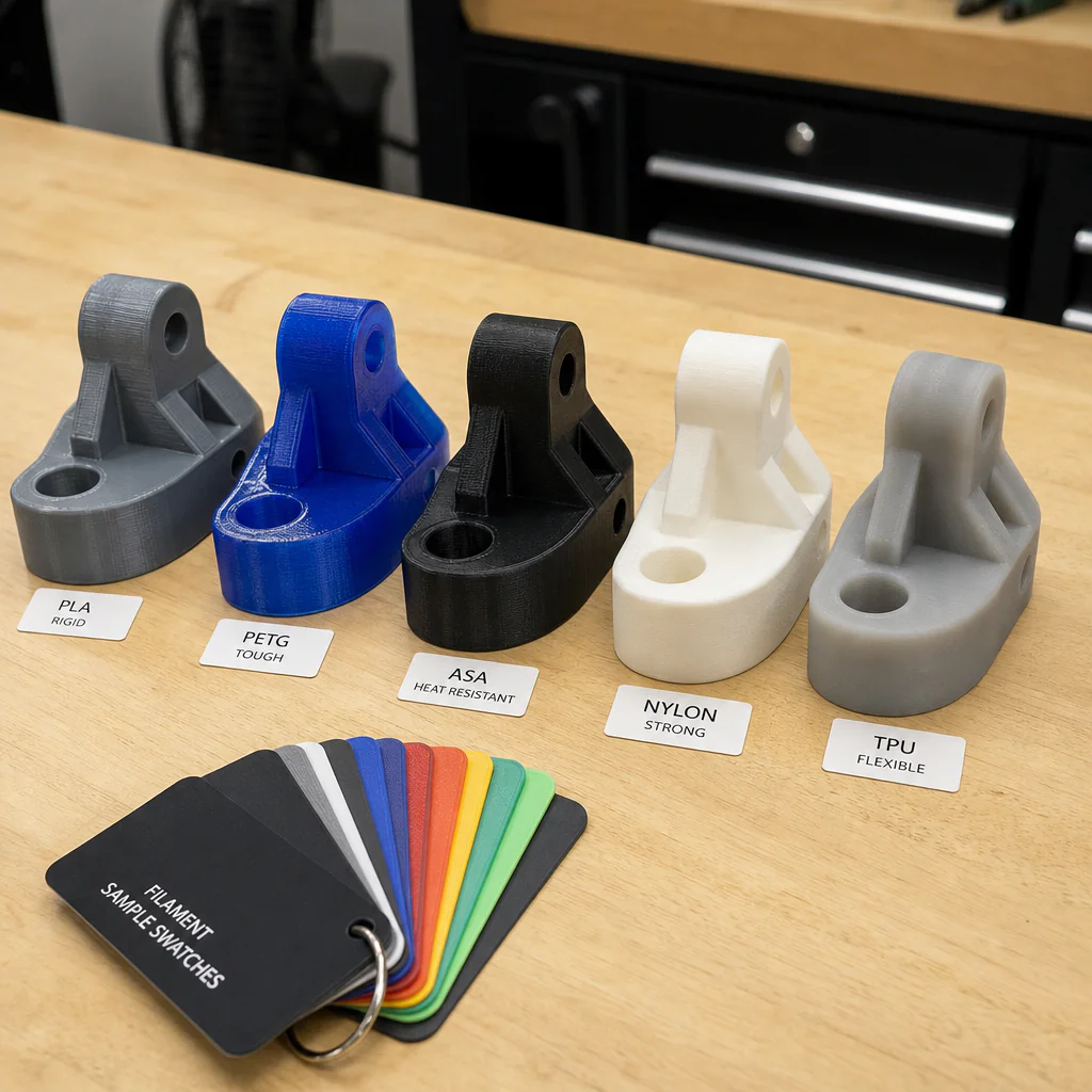 Stejný díl vytištěný z různých materiálů – PLA, PETG, ASA, nylon a TPU vedle vzorků filamentů