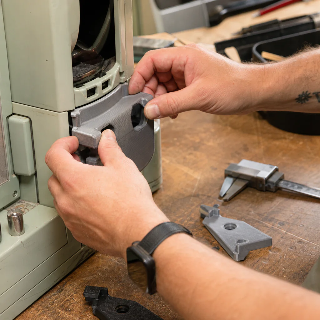 Vytištěný prototyp dílu se zkouší nasadit na zařízení, kontrola lícování a funkce