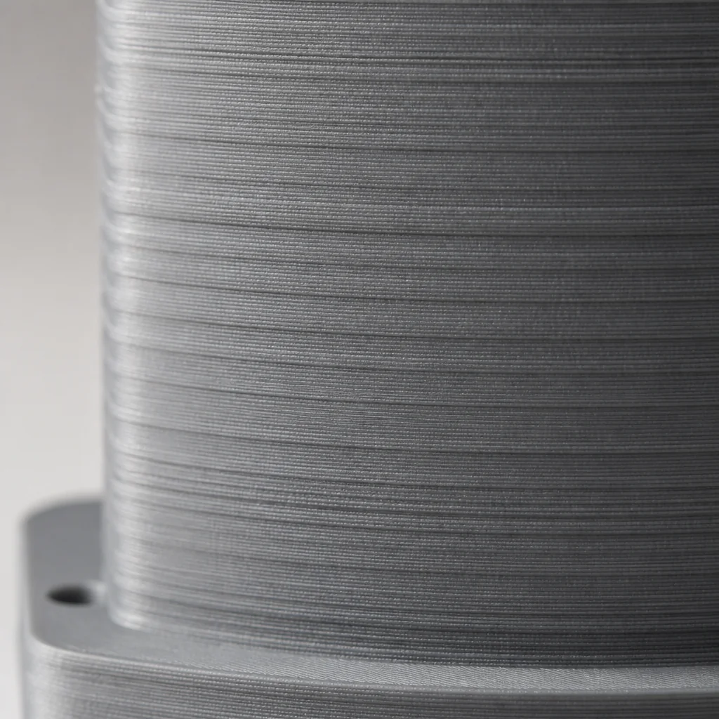 Detail povrchu 3D výtisku s pravidelnými horizontálními čárami způsobenými nekonzistentní extruzí