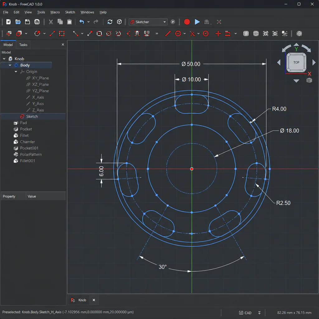 FreeCAD v tmavém rozhraní – 2D skica náhradního dílu s kótami, Part Design workbench
