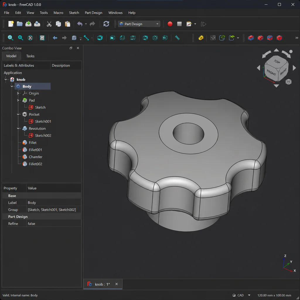 FreeCAD v tmavém rozhraní – 3D model náhradního dílu s otvorem pro hřídel a zaobleními