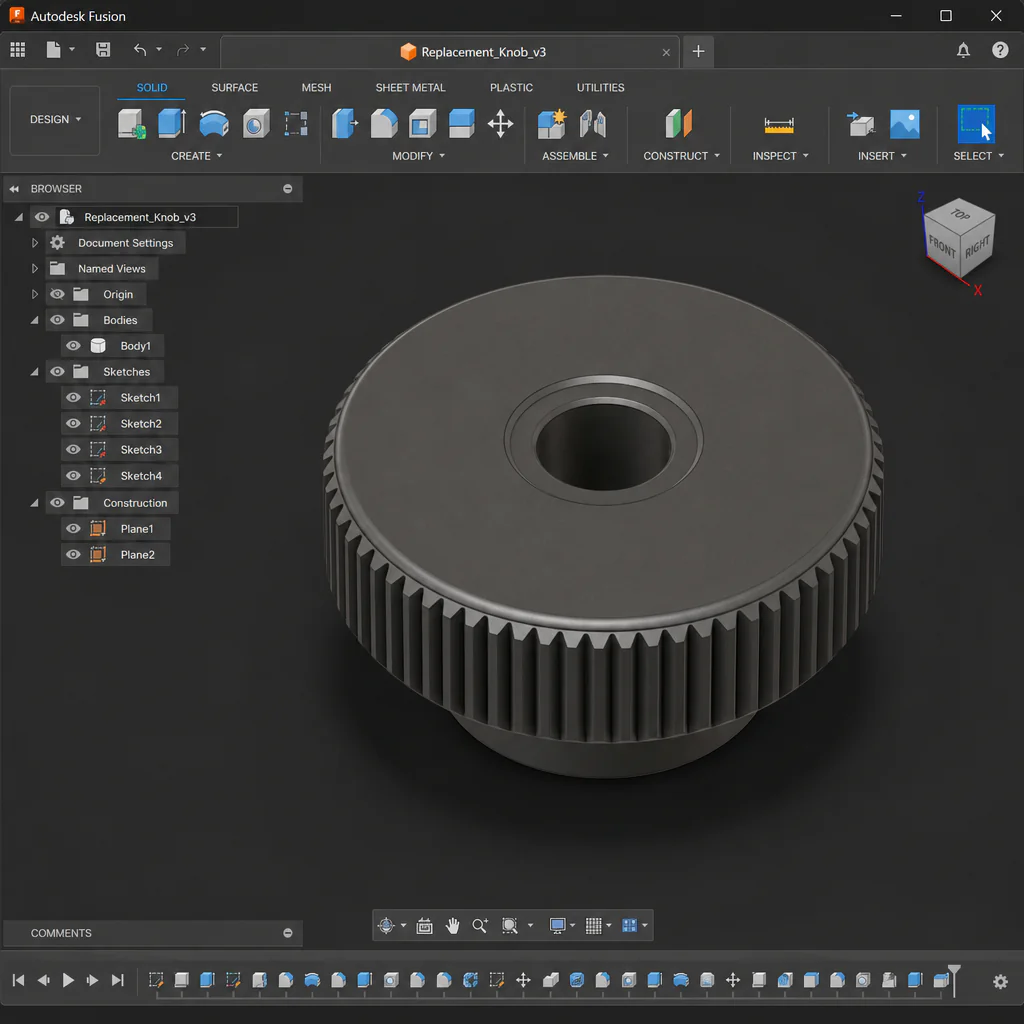 Autodesk Fusion v tmavém rozhraní – 3D model náhradního dílu s parametrickou časovou osou