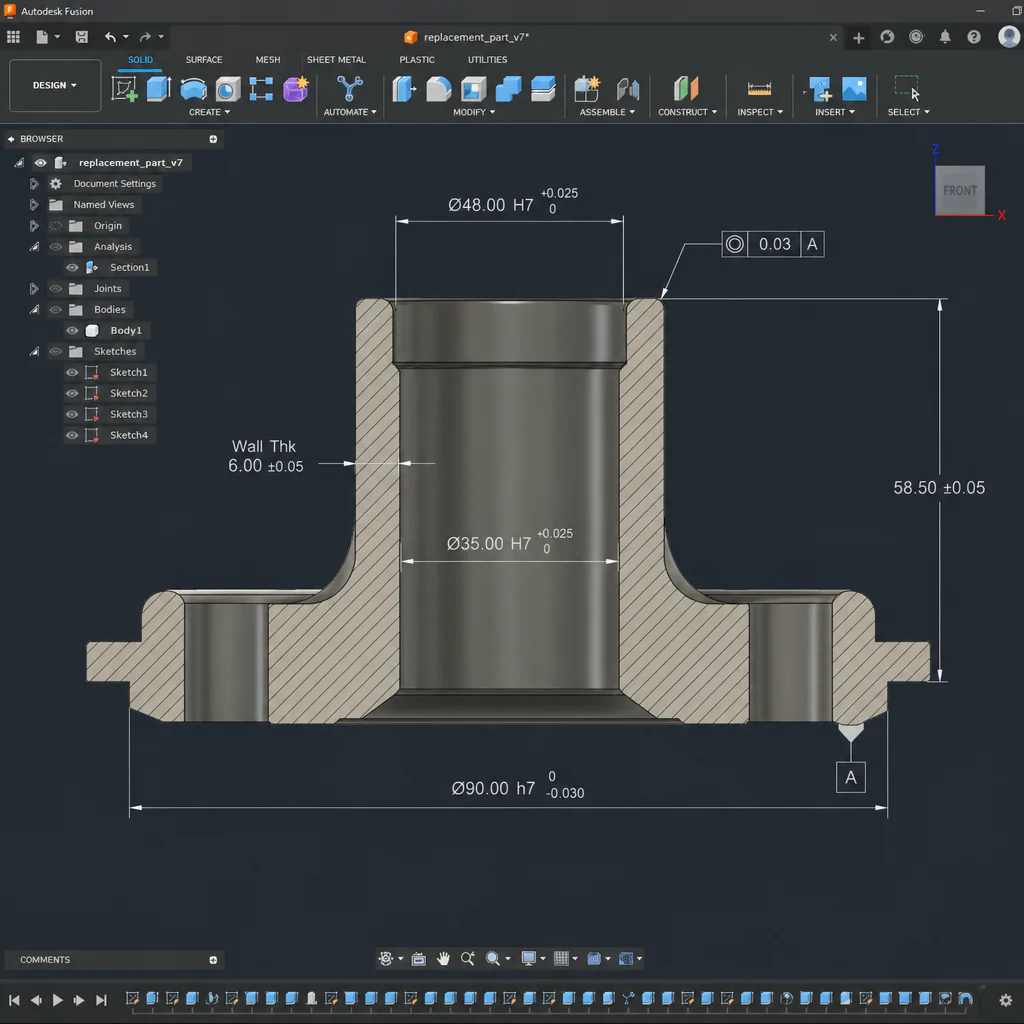 Autodesk Fusion v tmavém rozhraní – řez modelem náhradního dílu a kontrola uložení hřídele
