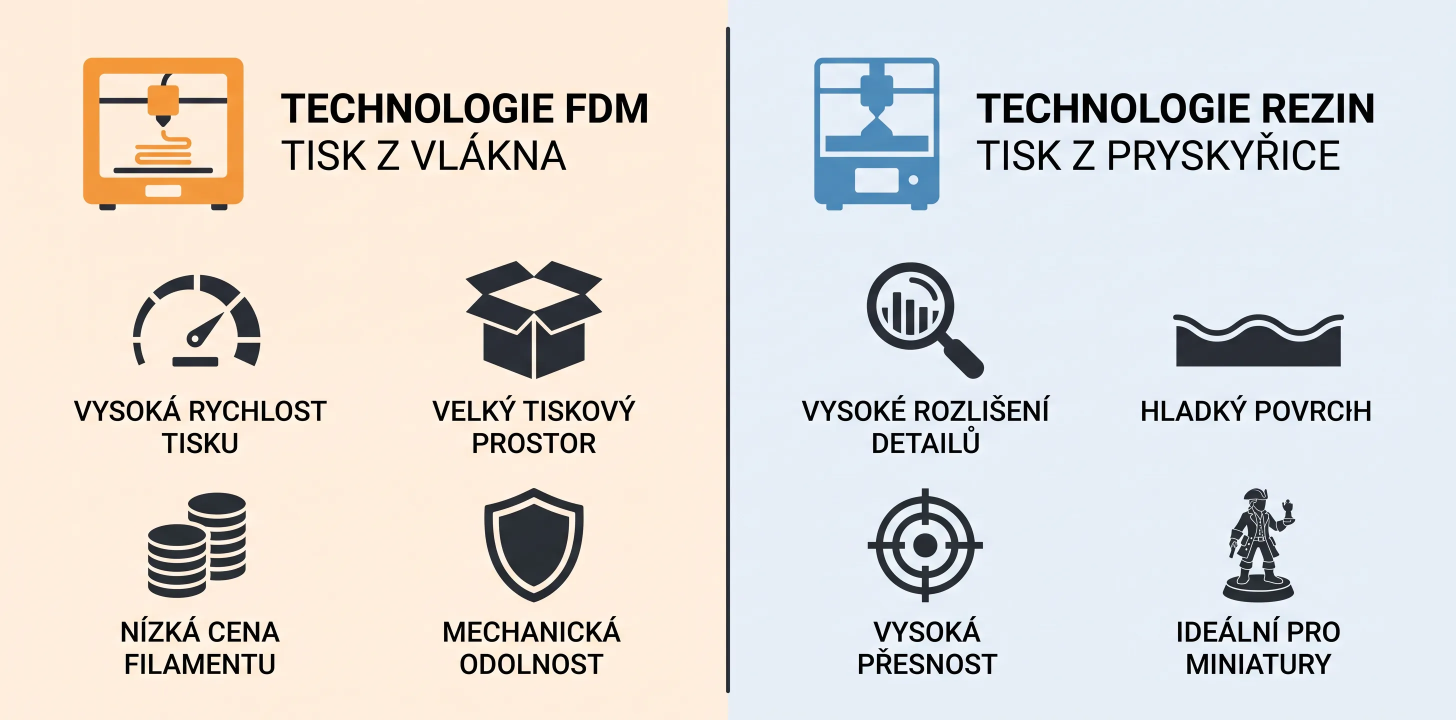 Srovnání dvou technologií 3D tisku: FDM (vlevo, oranžové) s výhodami rychlosti, velkého objemu, nízkých nákladů a odolnosti výtisků, versus Resin SLA/DLP (vpravo, tyrkysové) s výhodami vysokého detailu, hladkého povrchu, přesnosti a ideální pro miniatury